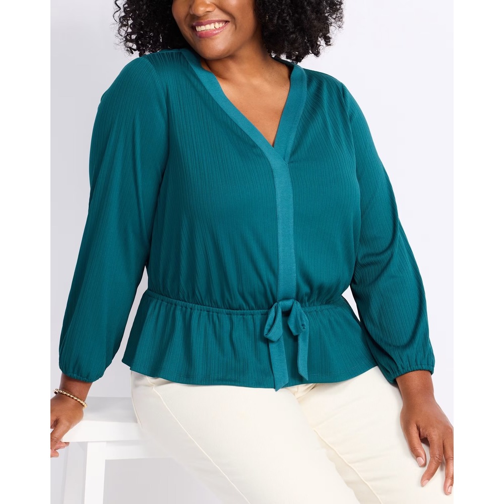 La Serein Stitch Fix Teal Green Ribbed Peplum V-Neck Blouse Long Sleeve